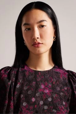 Ted Baker Terre Printed Peplum Black Top With Cuffed Sleeves 10 Ted Baker Terre Printed Peplum Black Top With Cuffed Sleeves -Ted Baker Shop D40105s4