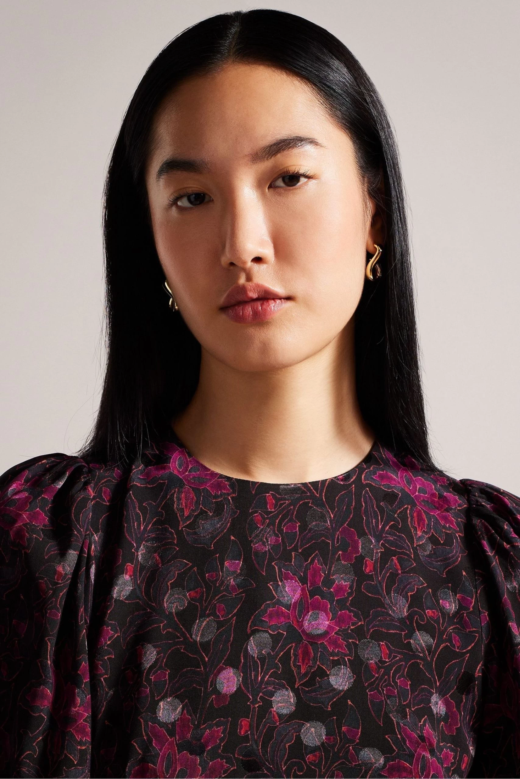 Ted Baker Terre Printed Peplum Black Top With Cuffed Sleeves 6 Ted Baker Terre Printed Peplum Black Top With Cuffed Sleeves - Image 4