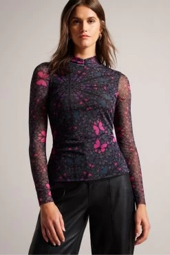 Ted Baker Kamill Black Mesh Fitted Top With High Neck