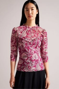 Ted Baker Pink Izabelo Printed Mesh Top With Frills