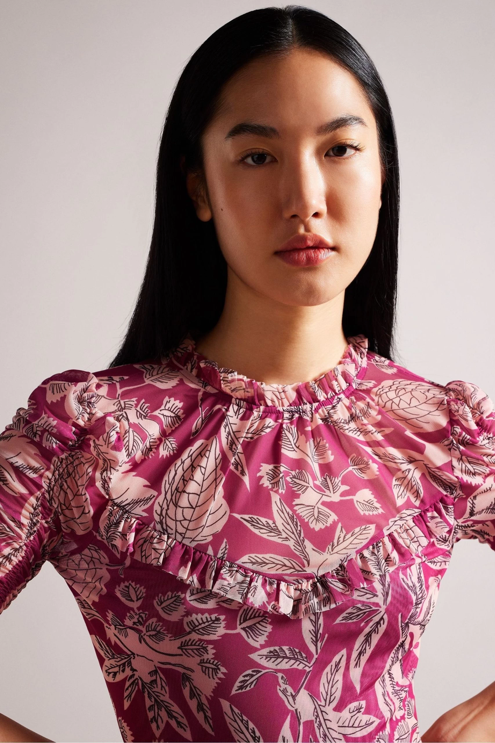 Ted Baker Pink Izabelo Printed Mesh Top With Frills 5 Ted Baker Pink Izabelo Printed Mesh Top With Frills - Image 3