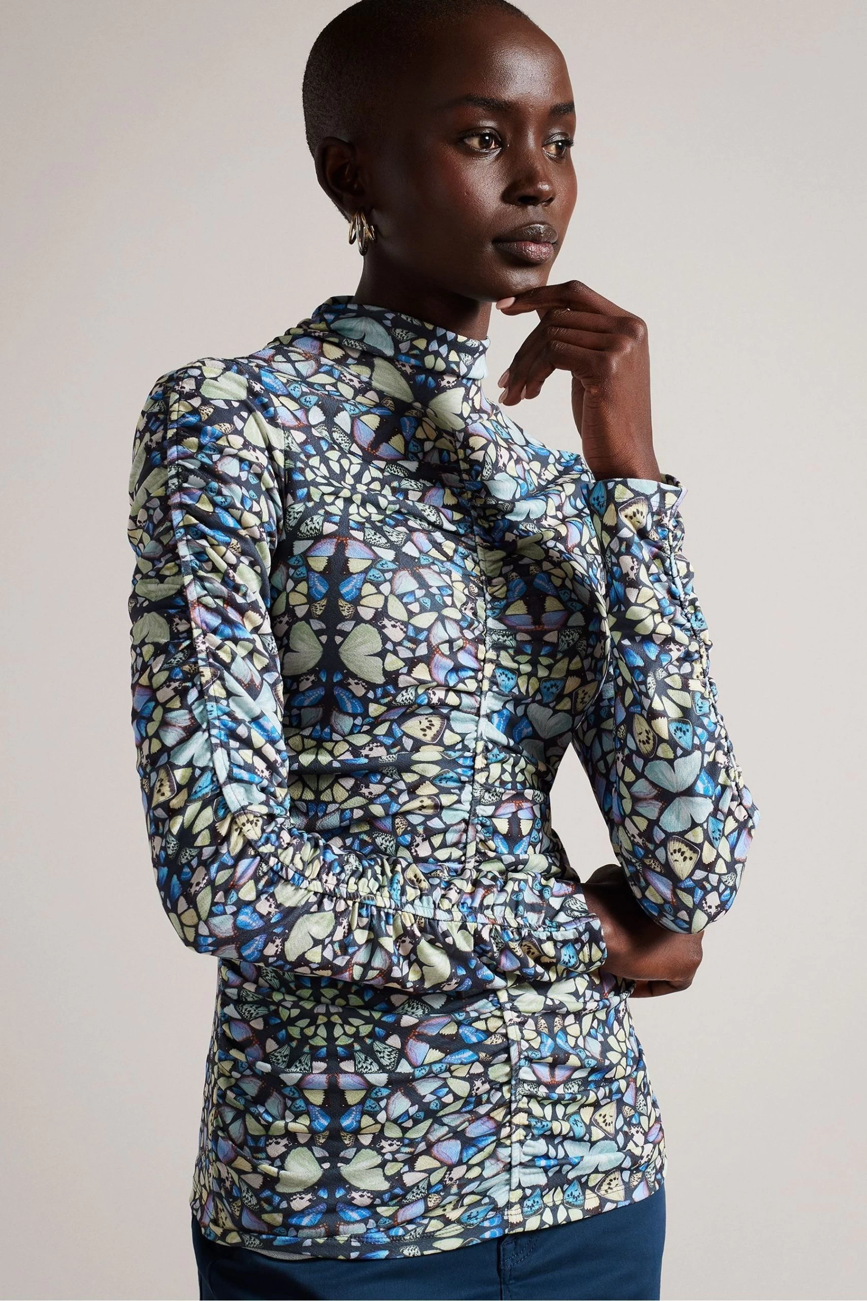 Ted Baker Mid-Blue Gianie Skinny Long Sleeved Top With Gathering 3 Ted Baker Mid-Blue Gianie Skinny Long Sleeved Top With Gathering