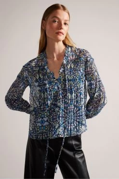 Ted Baker Blue Florrei Swing Blouse With Ruffle Detail And Neck Tie