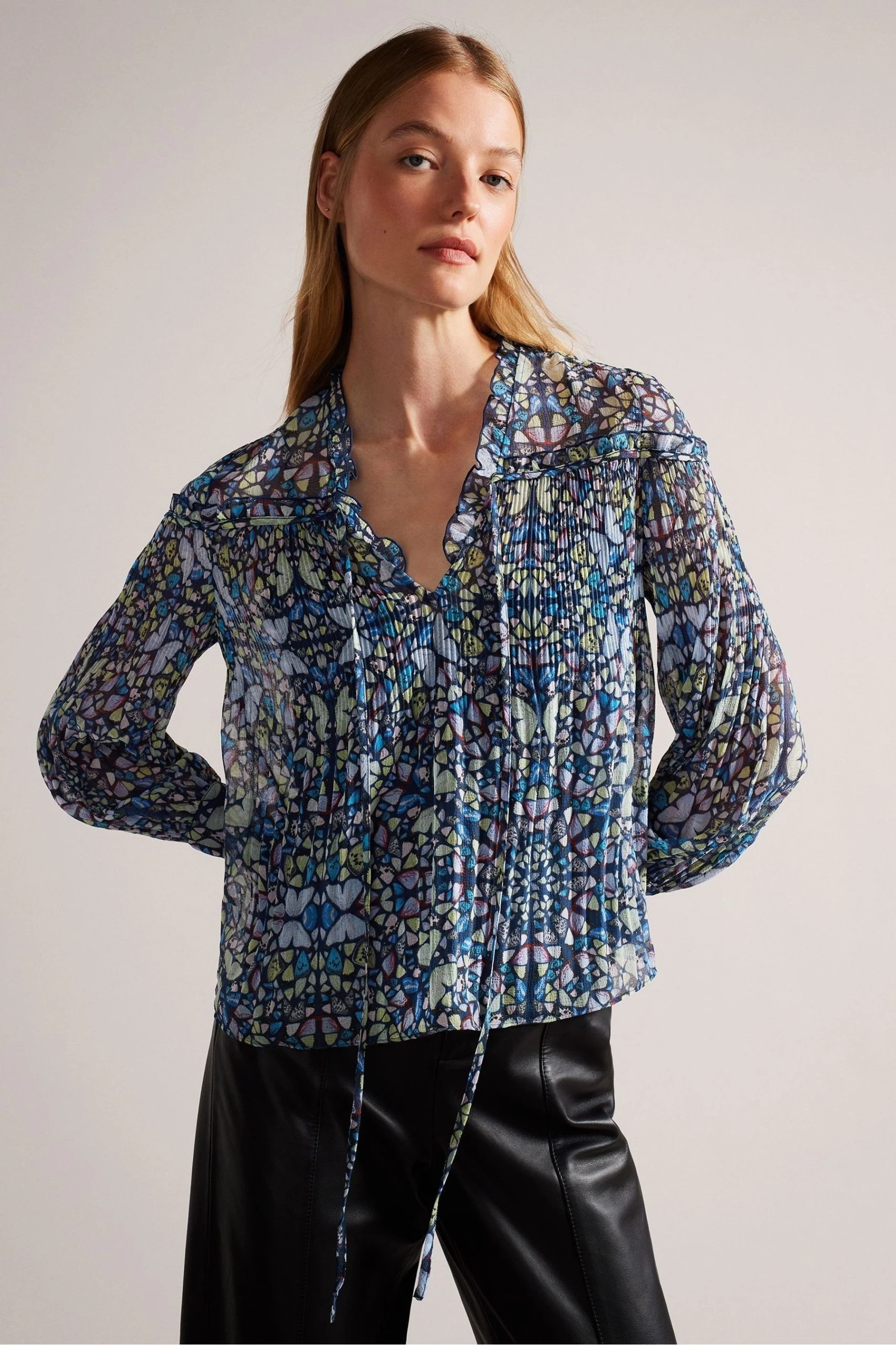 Ted Baker Blue Florrei Swing Blouse With Ruffle Detail And Neck Tie 3 Ted Baker Blue Florrei Swing Blouse With Ruffle Detail And Neck Tie