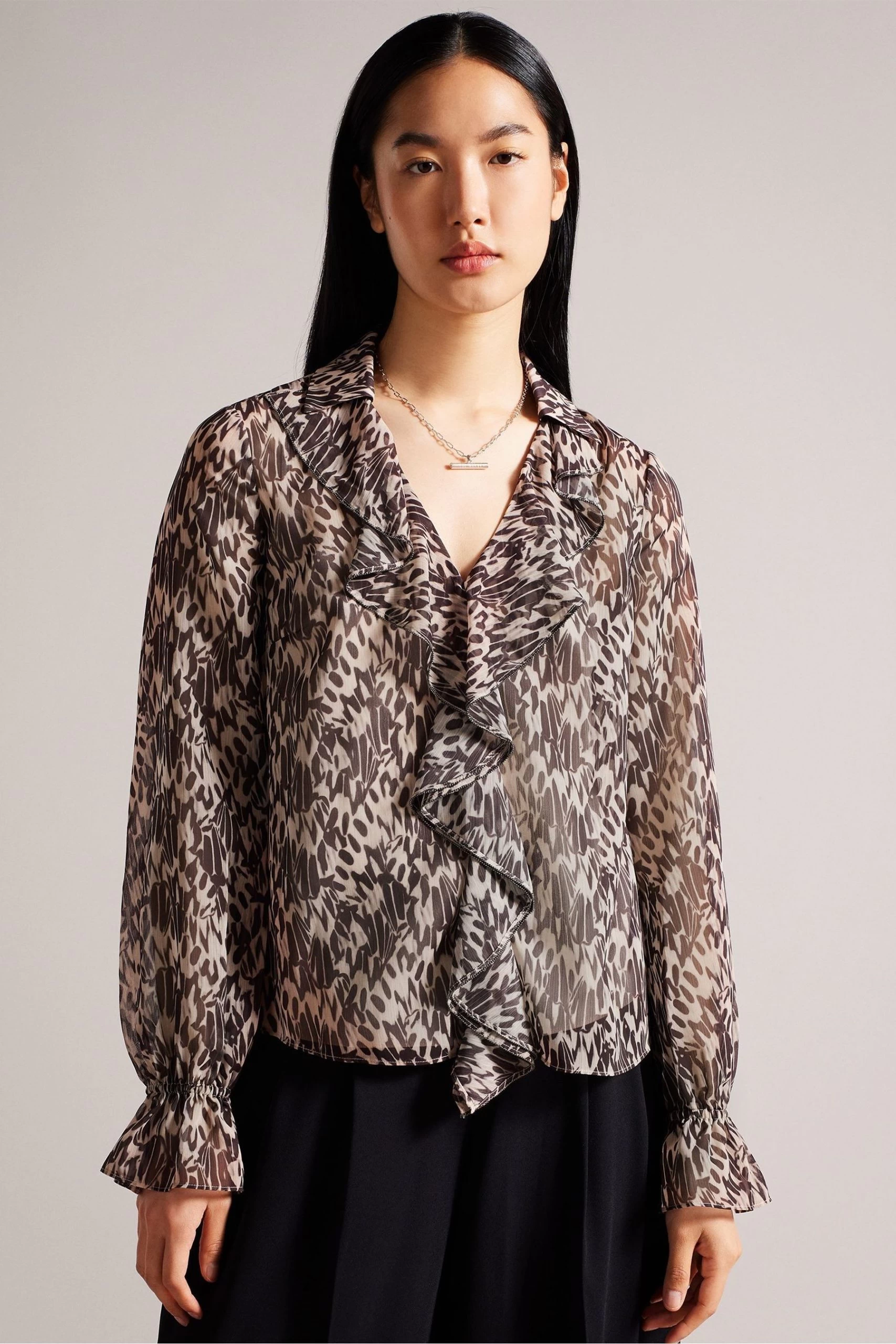 Ted Baker Nude-Pink Bertei Ruffle Blouse With Metal Ball Trim 3 Ted Baker Nude-Pink Bertei Ruffle Blouse With Metal Ball Trim