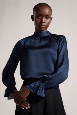 Ted Baker Blue Joanha High Neck Long Sleeve Blouse With Cut-Out