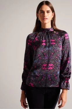 Ted Baker Heiydii High Neck Long Sleeve Black Blouse With Cut Out