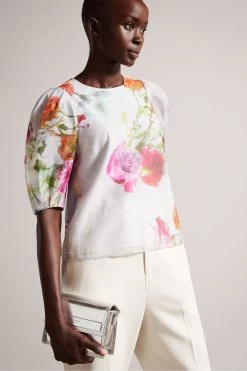 Ted Baker Ayymee White Boxy Cropped Top With Puff Sleeve