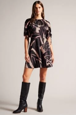 Ted Baker Gilliaa Black Printed Mini Fit And Flare Dress With Puff Sleeve -Ted Baker Shop D40149s2