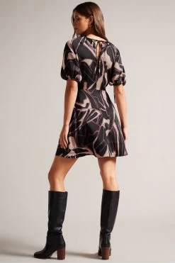 Ted Baker Gilliaa Black Printed Mini Fit And Flare Dress With Puff Sleeve -Ted Baker Shop D40149s3