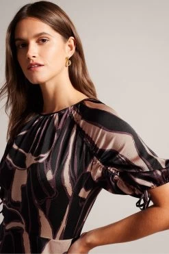 Ted Baker Gilliaa Black Printed Mini Fit And Flare Dress With Puff Sleeve -Ted Baker Shop D40149s4