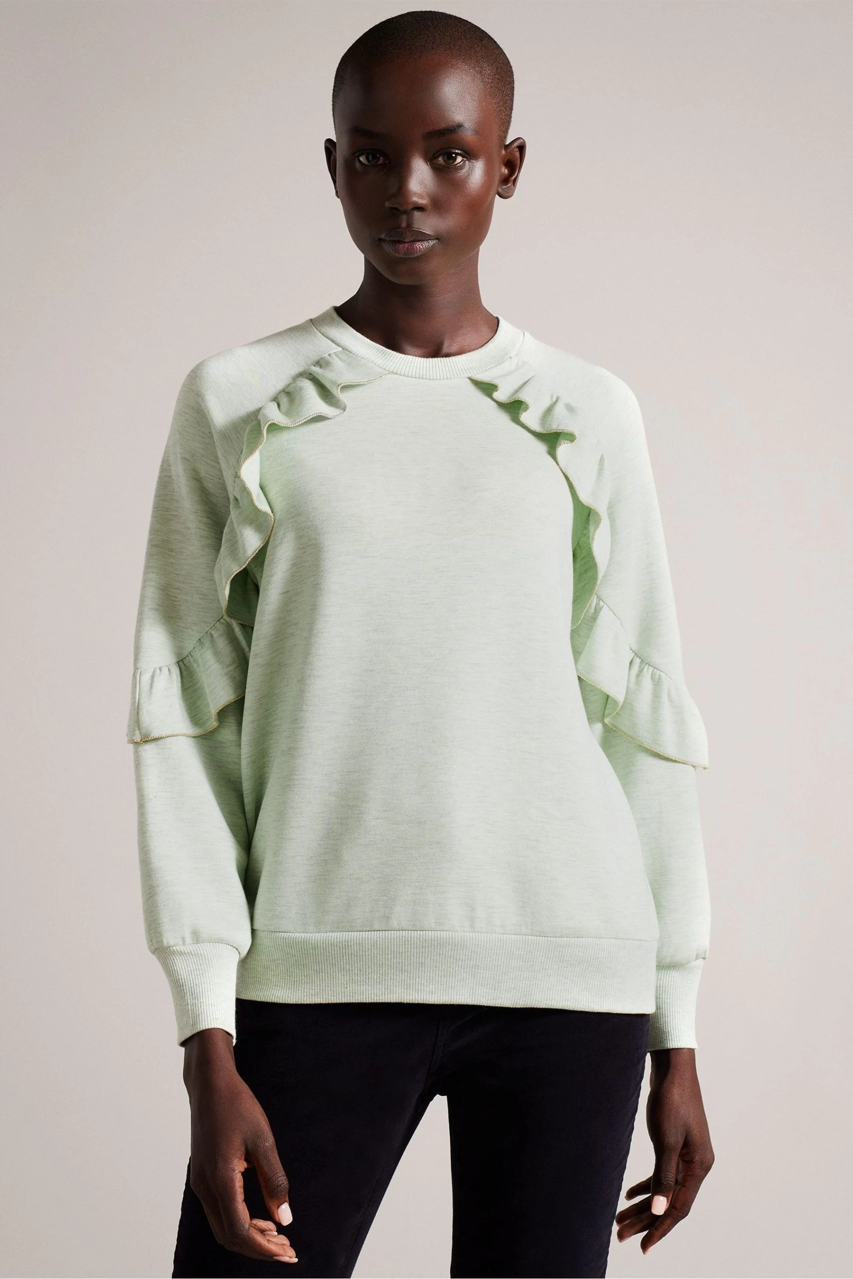 Ted Baker Green Yazme Frill Sweatshirt With Chain Trim Edge 3 Ted Baker Green Yazme Frill Sweatshirt With Chain Trim Edge