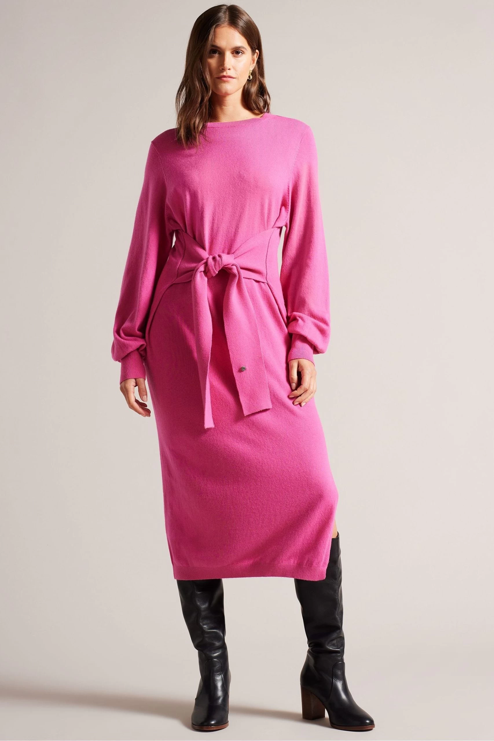 Ted Baker Pink Essya Slouchy Tie Front Midi Knit Dress 3 Ted Baker Pink Essya Slouchy Tie Front Midi Knit Dress