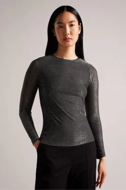 Ted Baker Genini Glitsy Black Long Sleeve Top With Gathering