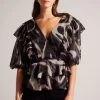 Ted Baker Jasmyna Ruffle V-Neck Black Top With Tie Waist 1 Ted Baker Jasmyna Ruffle V-Neck Black Top With Tie Waist -Ted Baker Shop D40164s