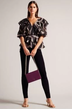 Ted Baker Jasmyna Ruffle V-Neck Black Top With Tie Waist -Ted Baker Shop D40164s3