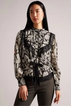 Ted Baker Alness Drawstring Waist Brown Blouse With Contrast Lace