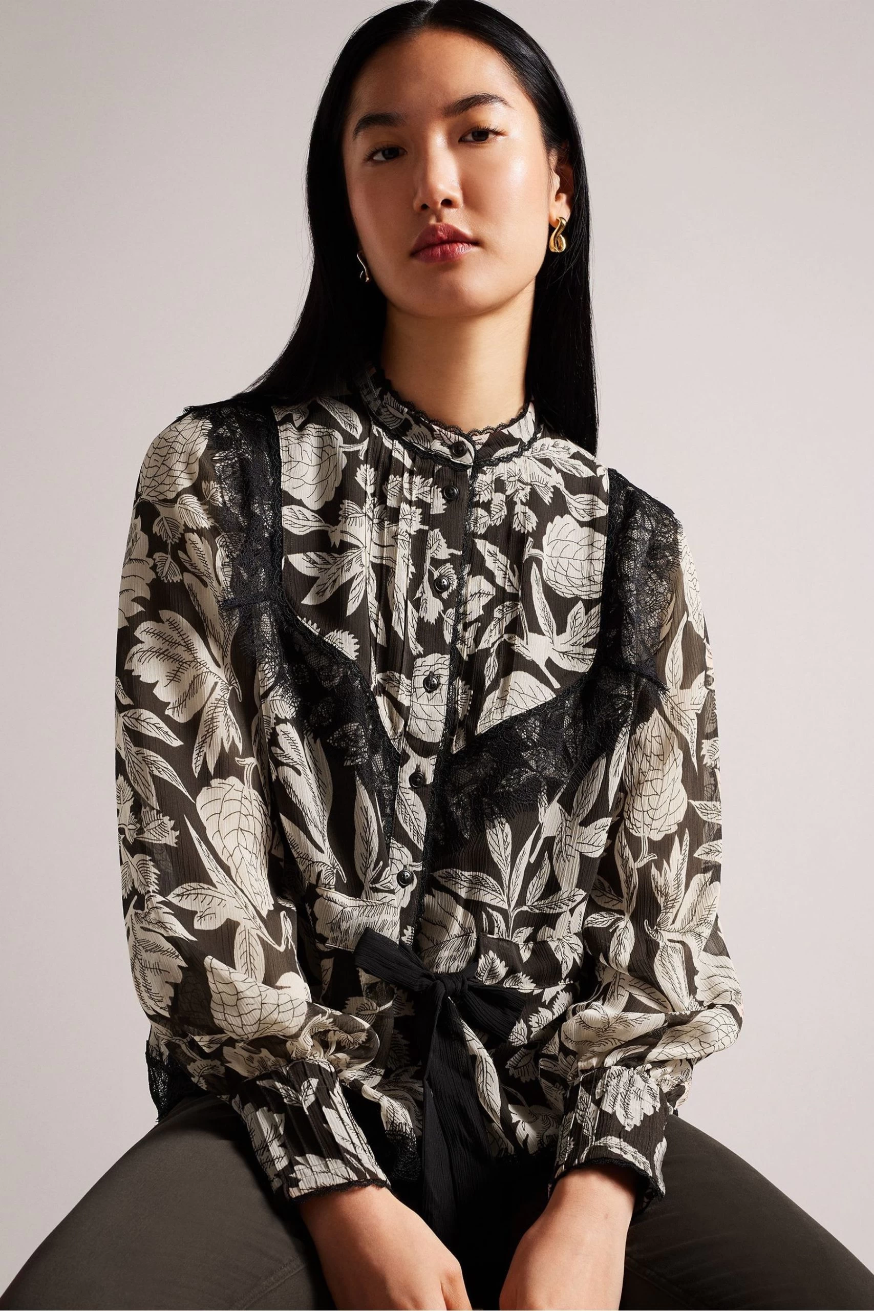 Ted Baker Alness Drawstring Waist Brown Blouse With Contrast Lace 4 Ted Baker Alness Drawstring Waist Brown Blouse With Contrast Lace - Image 2