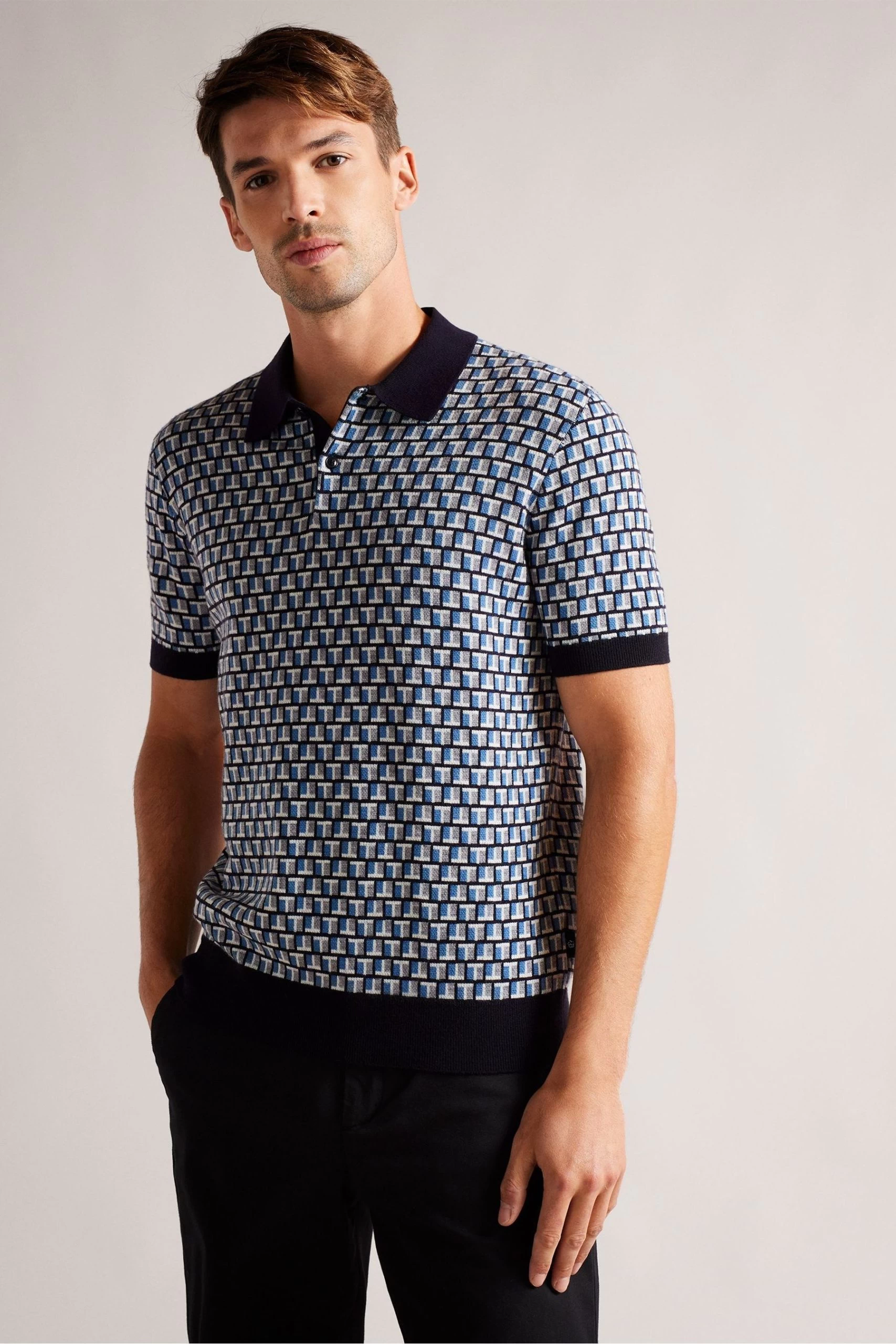 Ted Baker Regular Blue Badenn Jacquard Knitted Polo Shirt 3 Ted Baker Regular Blue Badenn Jacquard Knitted Polo Shirt