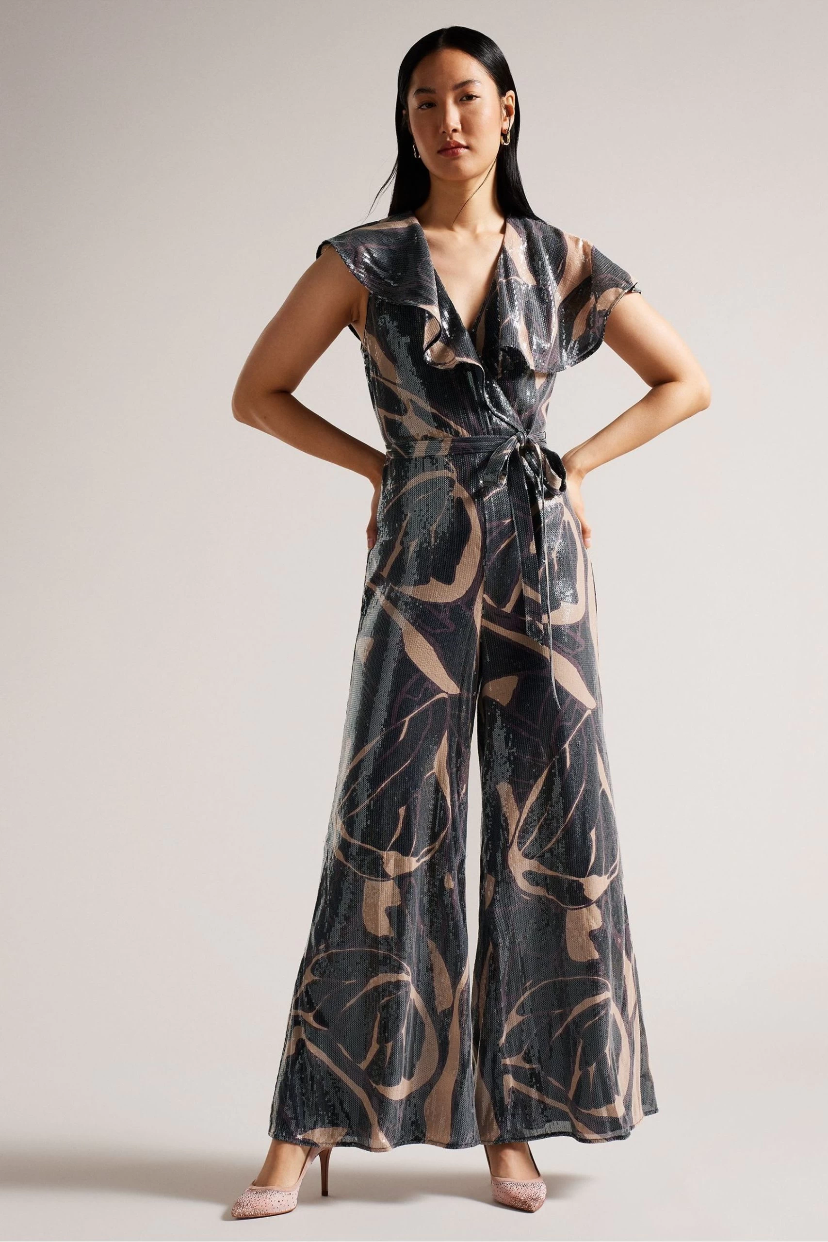 Ted Baker Edennie Printed Sequin Ruffle Black Jumpsuit 2 Ted Baker Edennie Printed Sequin Ruffle Black Jumpsuit