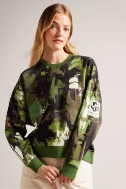 Ted Baker Green Hensely Flocked Printed Sweat T-Shirt