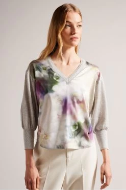 Ted Baker Green Beatric Woven Front Jumper With Sleeve Detail