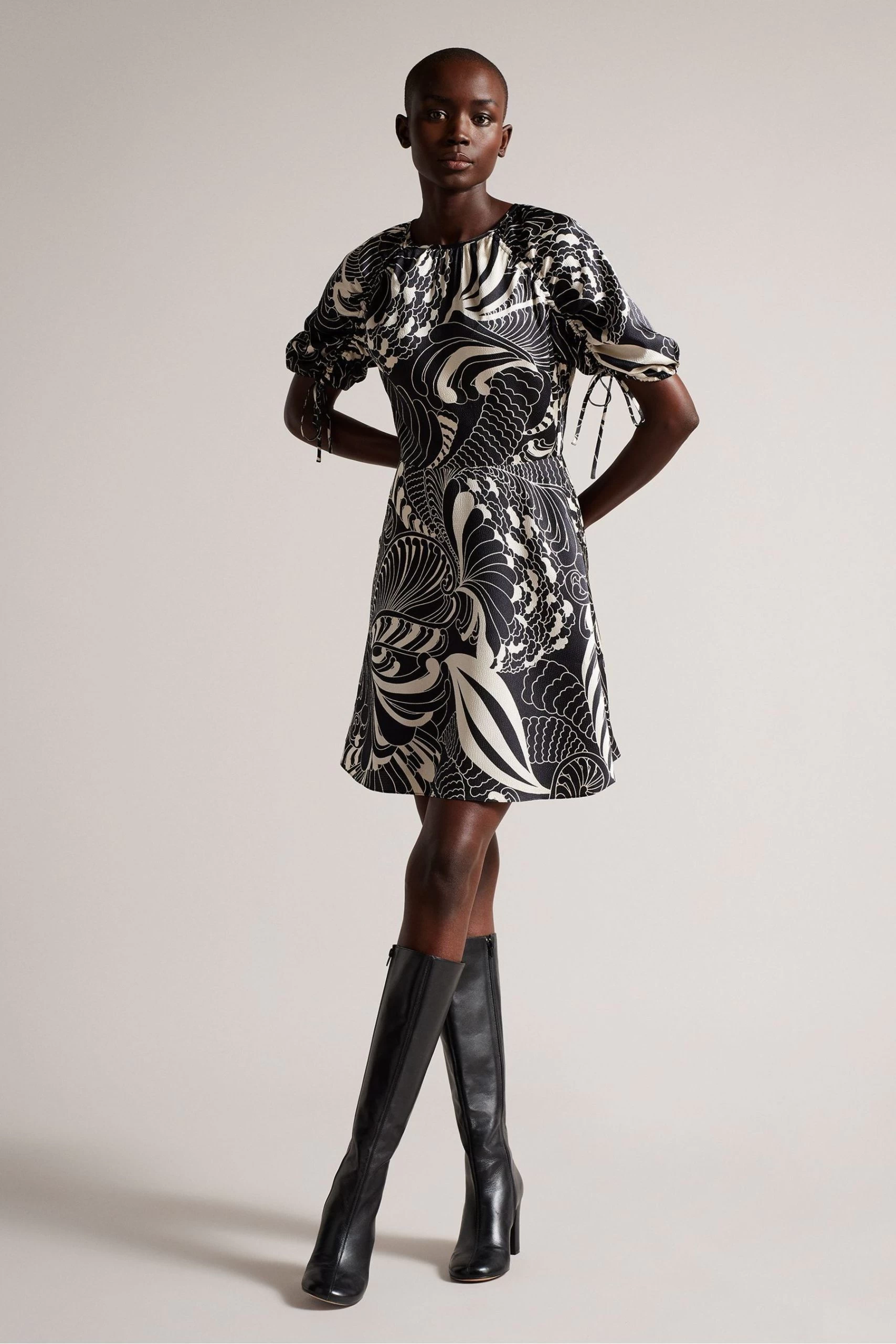Ted Baker Faridda Black Printed Mini Dress With Puff Sleeves 3 Ted Baker Faridda Black Printed Mini Dress With Puff Sleeves