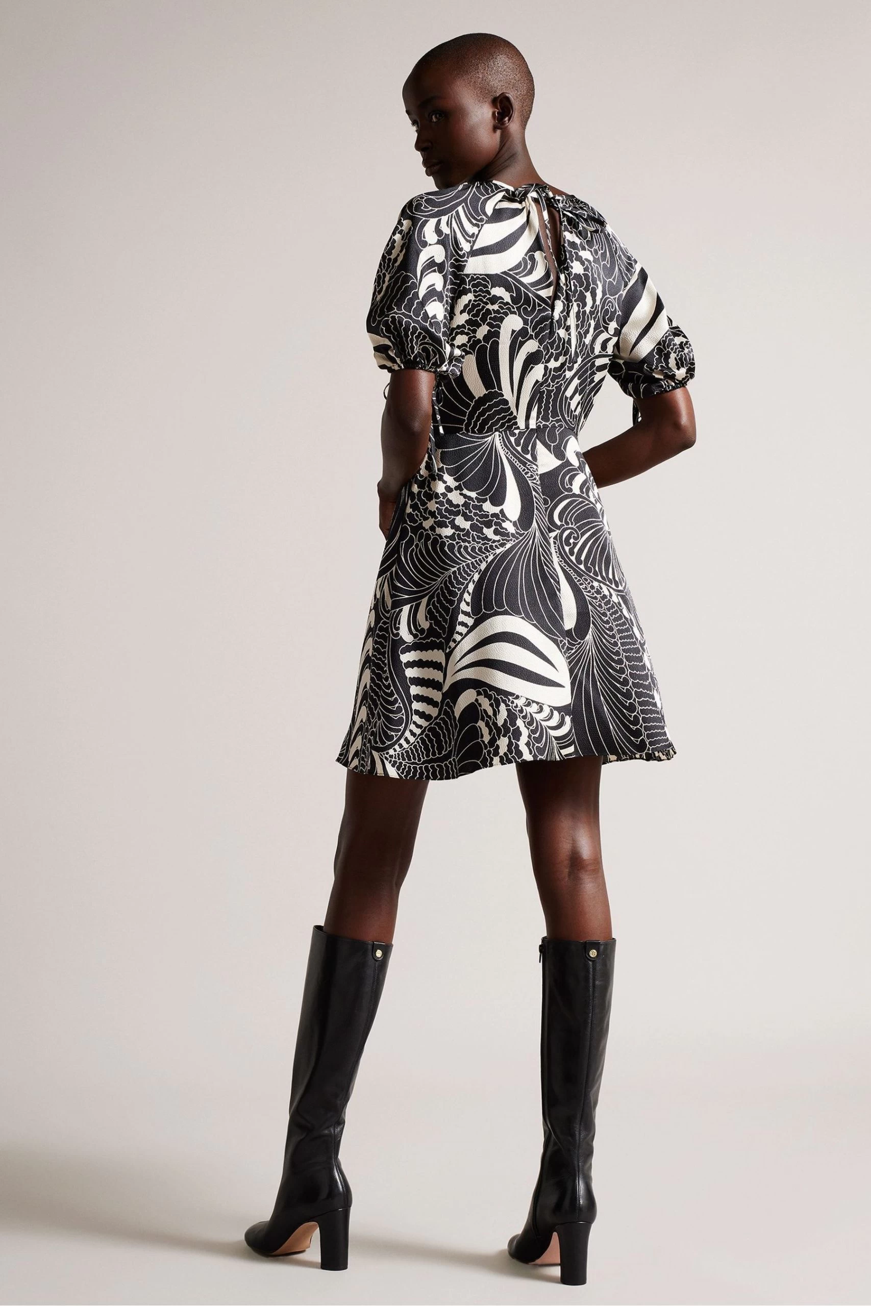 Ted Baker Faridda Black Printed Mini Dress With Puff Sleeves 4 Ted Baker Faridda Black Printed Mini Dress With Puff Sleeves - Image 2