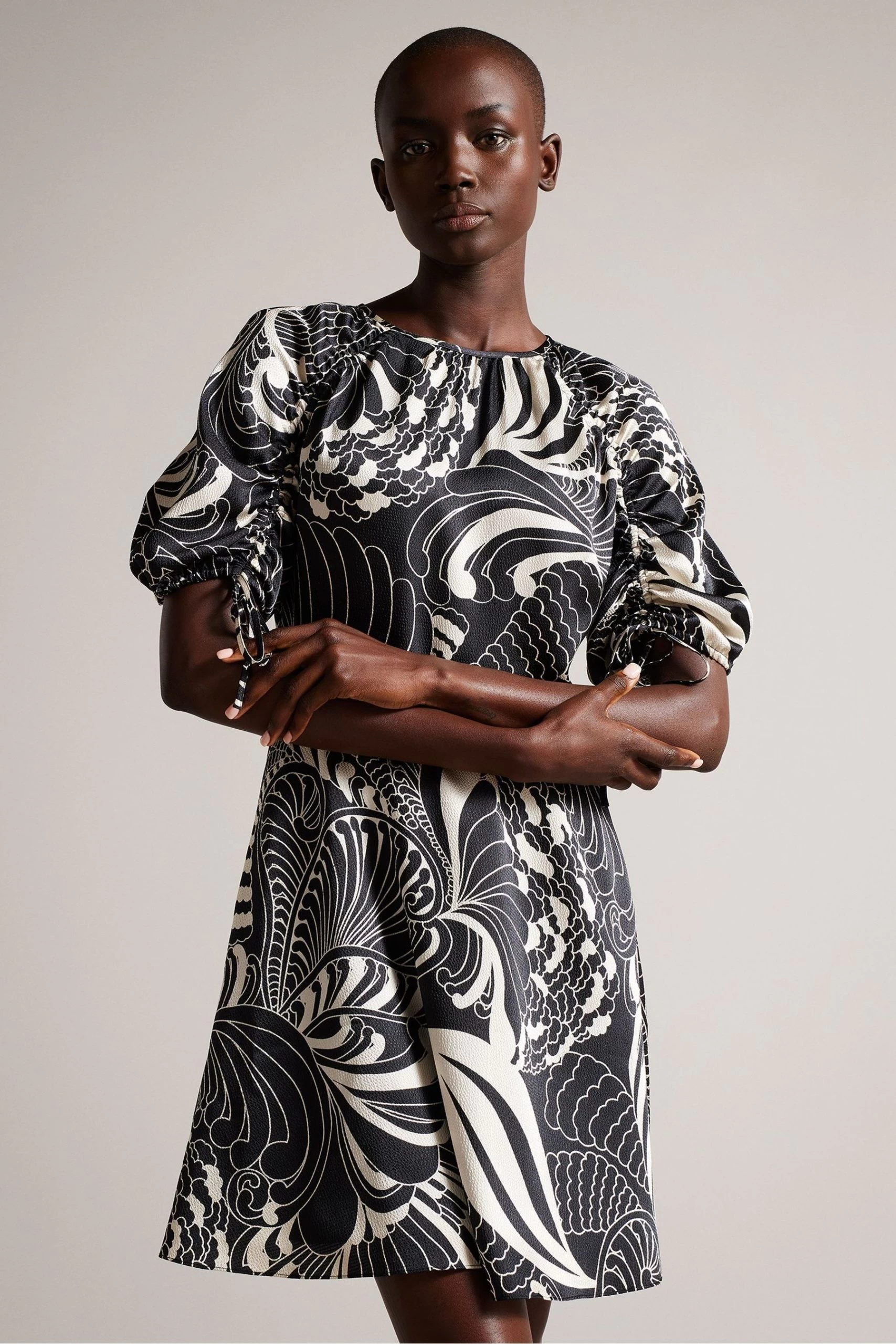 Ted Baker Faridda Black Printed Mini Dress With Puff Sleeves 5 Ted Baker Faridda Black Printed Mini Dress With Puff Sleeves - Image 3