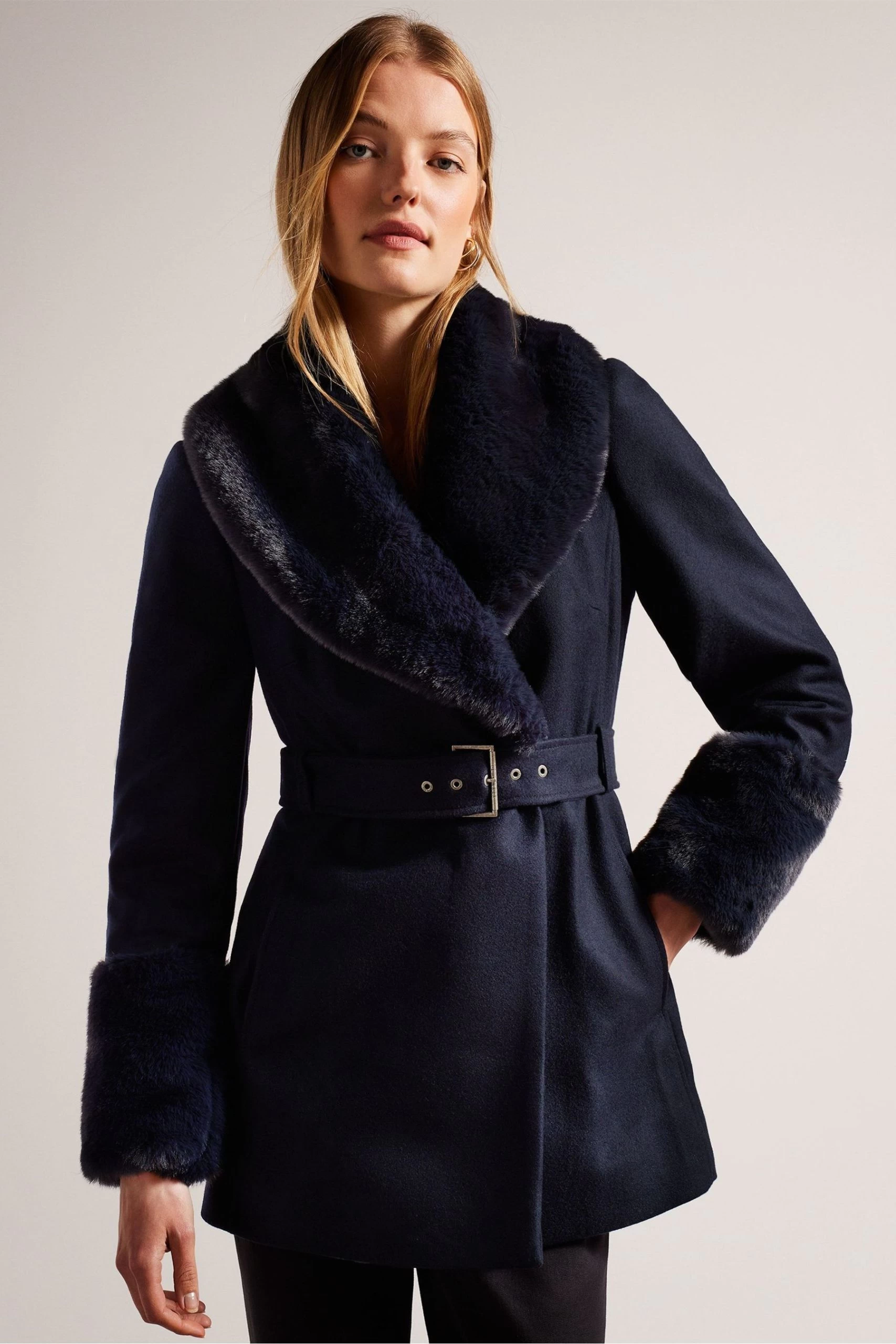 Ted Baker Navy Blue Loleta Belted Faux Fur Collar And Cuffs Coat 3 Ted Baker Navy Blue Loleta Belted Faux Fur Collar And Cuffs Coat