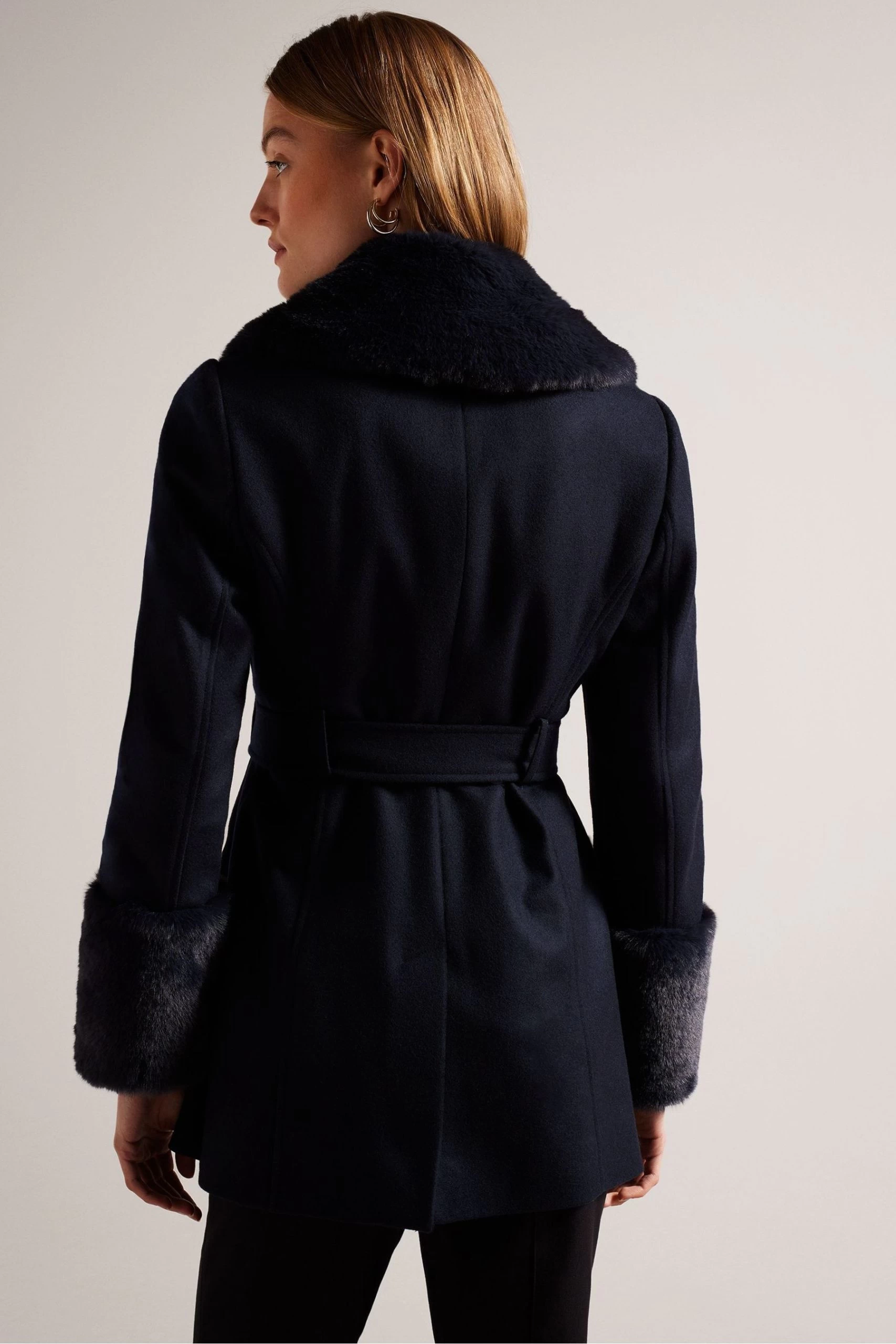 Ted Baker Navy Blue Loleta Belted Faux Fur Collar And Cuffs Coat 4 Ted Baker Navy Blue Loleta Belted Faux Fur Collar And Cuffs Coat - Image 2