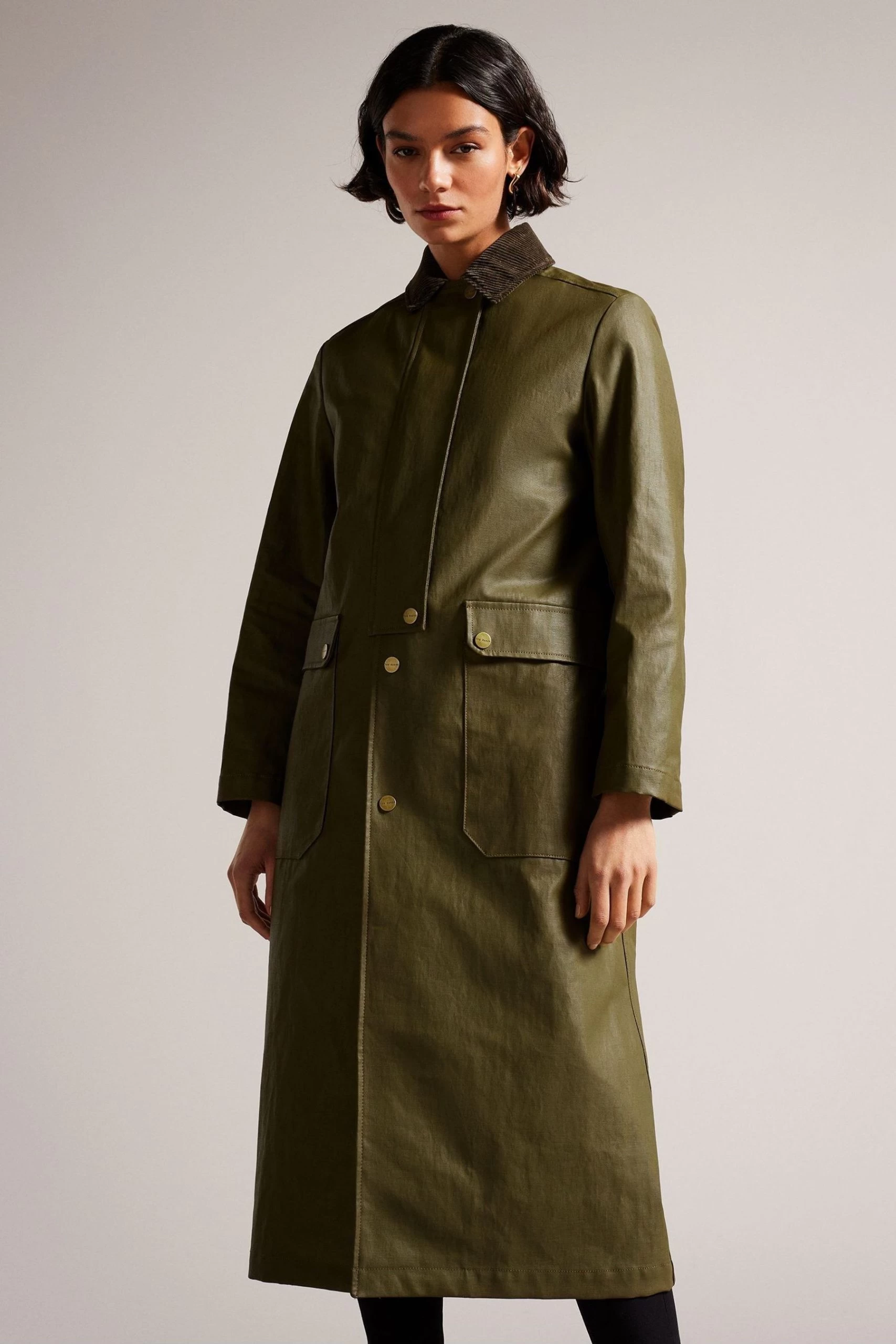 Ted Baker Dark-Green Alysiah Waxed Canvas Cape Feature Riding Coat 3 Ted Baker Dark-Green Alysiah Waxed Canvas Cape Feature Riding Coat
