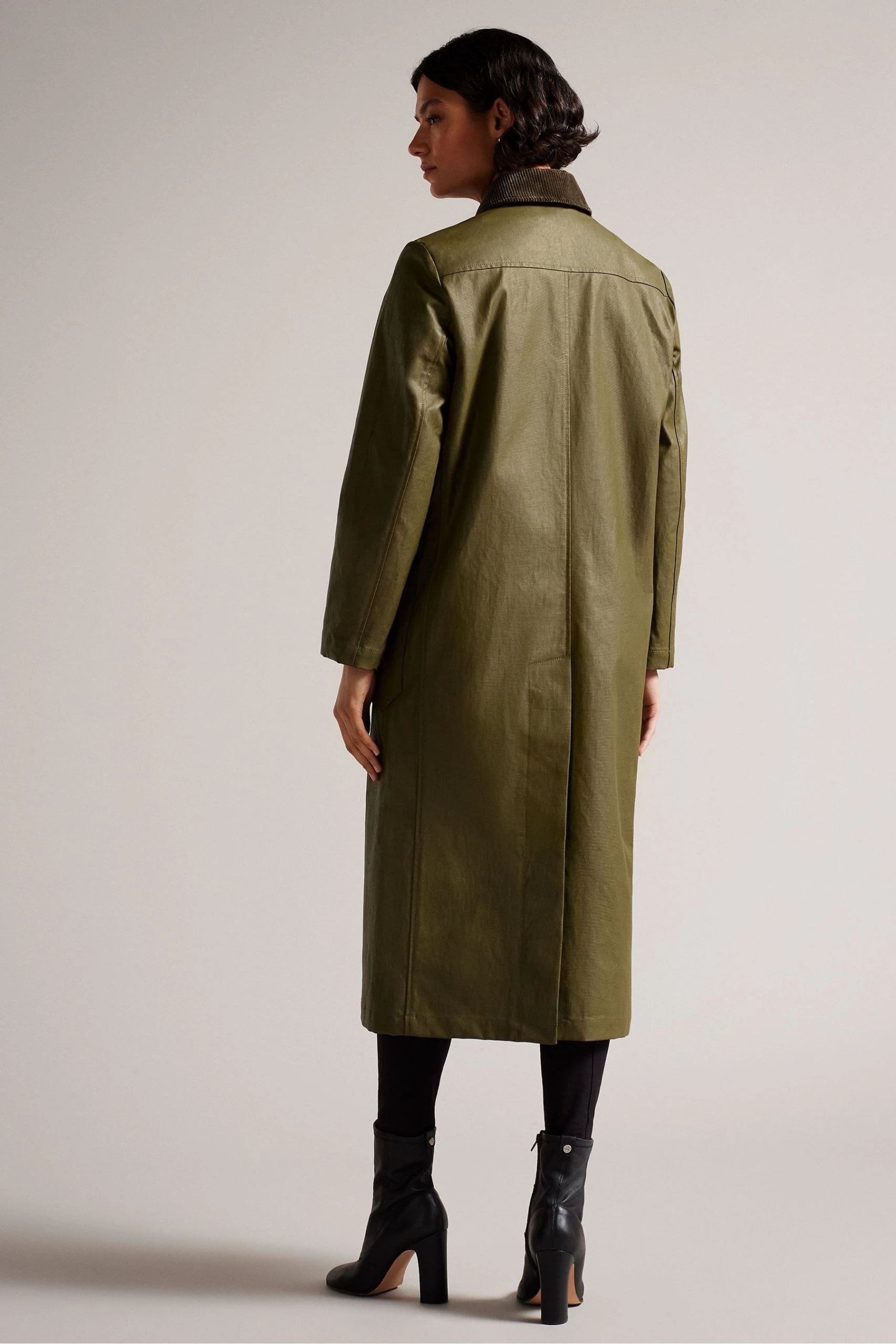 Ted Baker Dark-Green Alysiah Waxed Canvas Cape Feature Riding Coat 4 Ted Baker Dark-Green Alysiah Waxed Canvas Cape Feature Riding Coat - Image 2