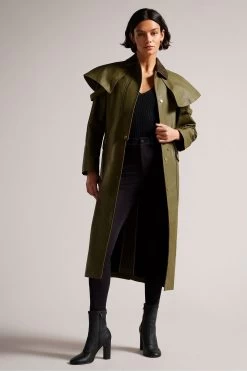 Ted Baker Dark-Green Alysiah Waxed Canvas Cape Feature Riding Coat 9 Ted Baker Dark-Green Alysiah Waxed Canvas Cape Feature Riding Coat -Ted Baker Shop D68788s3