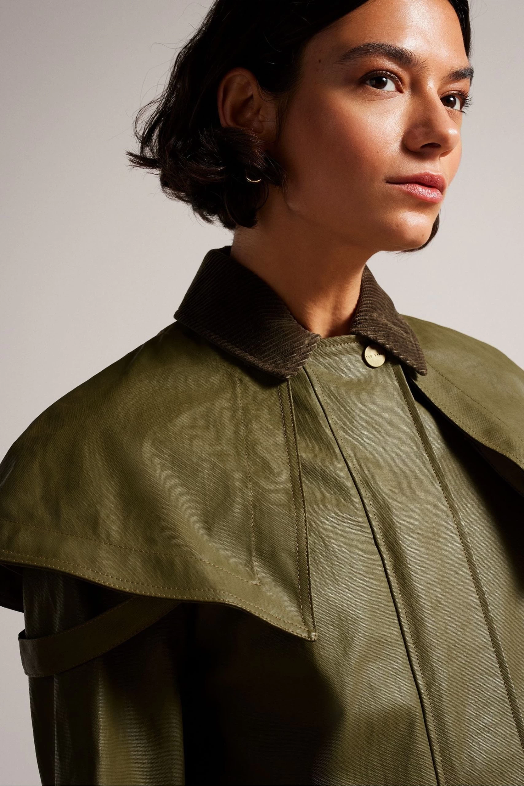 Ted Baker Dark-Green Alysiah Waxed Canvas Cape Feature Riding Coat 6 Ted Baker Dark-Green Alysiah Waxed Canvas Cape Feature Riding Coat - Image 4