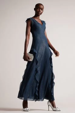 Ted Baker Blue Laurae Bias Cut Maxi Dress With Ruffle Detail