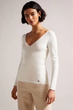 Ted Baker Ivory Cileste V Neck Slim Fit Knit Top
