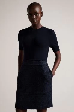 Ted Baker Blue Skyie Knit Bodice Bouclé Mini Dress