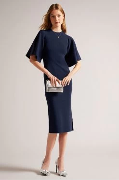 Ted Baker Lounia Blue Fluted Sleeve Knitted Bodycon Midi Dress
