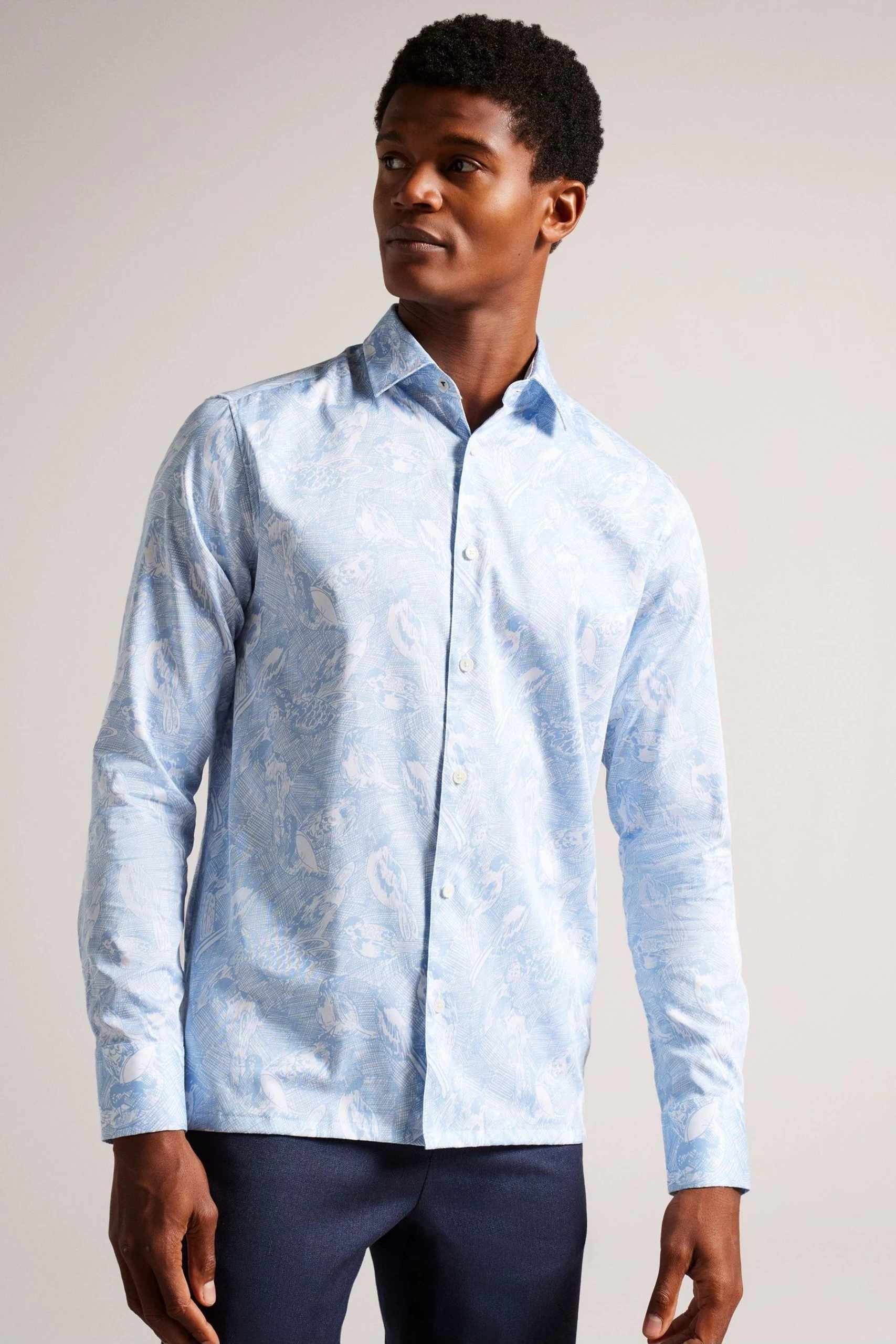 Ted Baker Mullen Blue Long Sleeve Hand Drawn Bird Print Shirt 3 Ted Baker Mullen Blue Long Sleeve Hand Drawn Bird Print Shirt