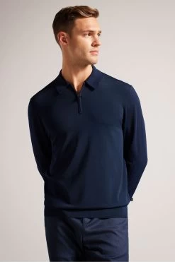Ted Baker Viba Navy Regular Half Zip Rayon Polo Shirt