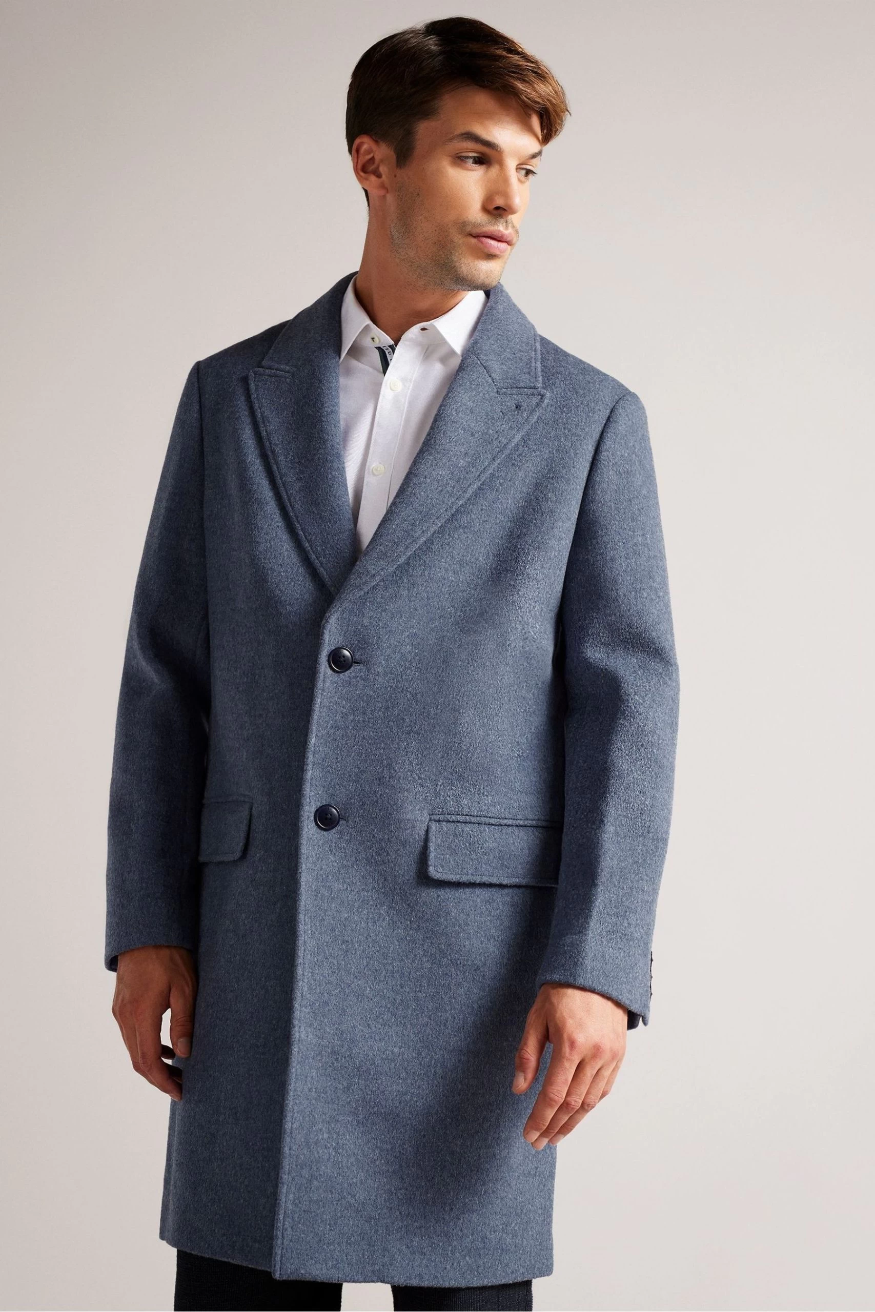 Ted Baker Raydon Mid-Blue Pure Wool Single Breasted Overcoat