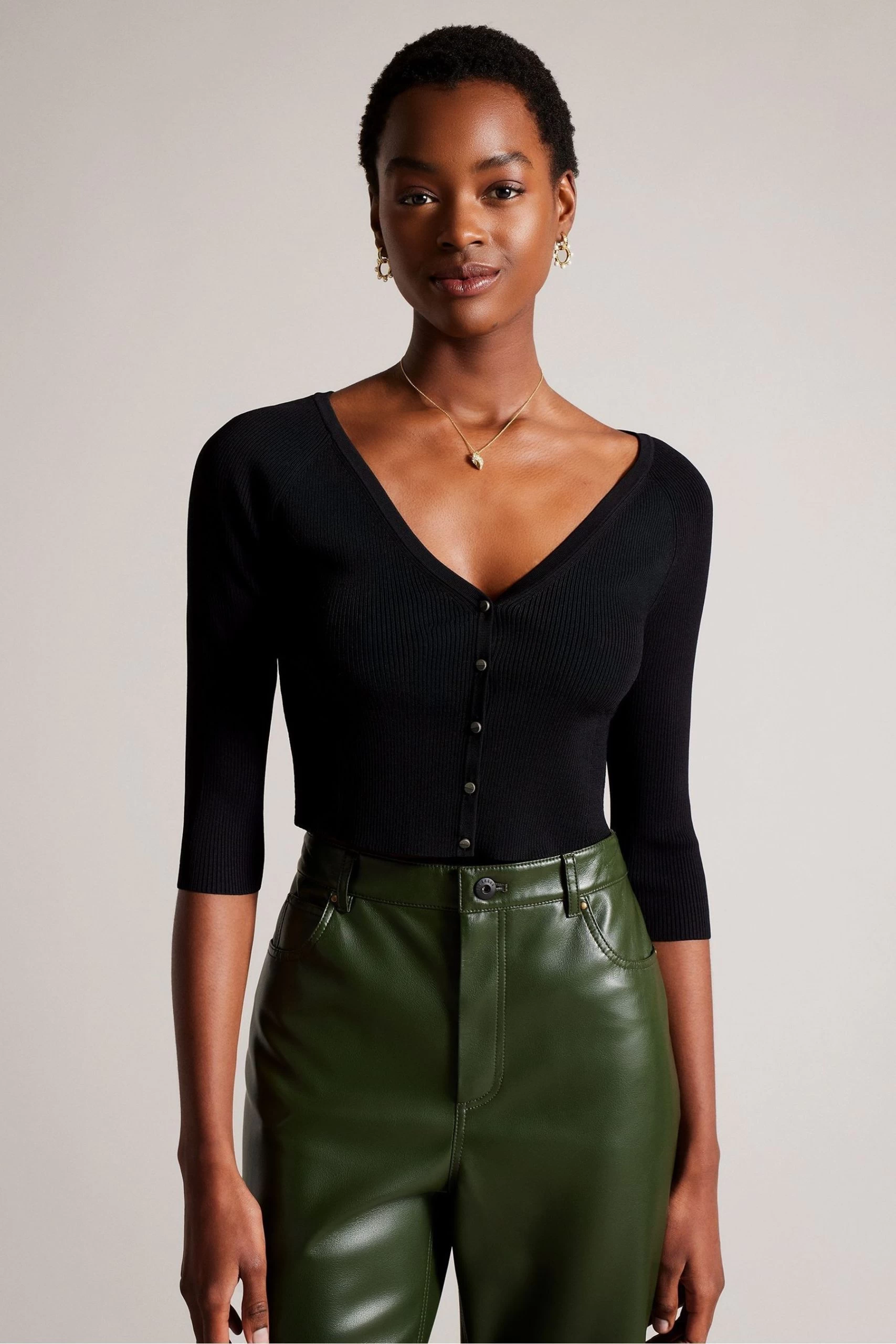 Ted Baker Casela Black Cropped V-Front Cardigan 3 Ted Baker Casela Black Cropped V-Front Cardigan