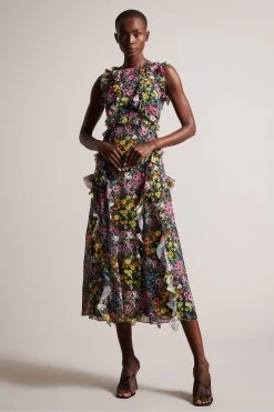 Ted Baker Gloriha Black Sleeveless Waterfall Midi Dress