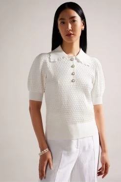Ted Baker Reannia White Polo Knit Top With Diamante Buttons