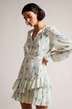 Ted Baker Sky Blue Suziiee Waisted Asymmetric Ruffles Mini Dress
