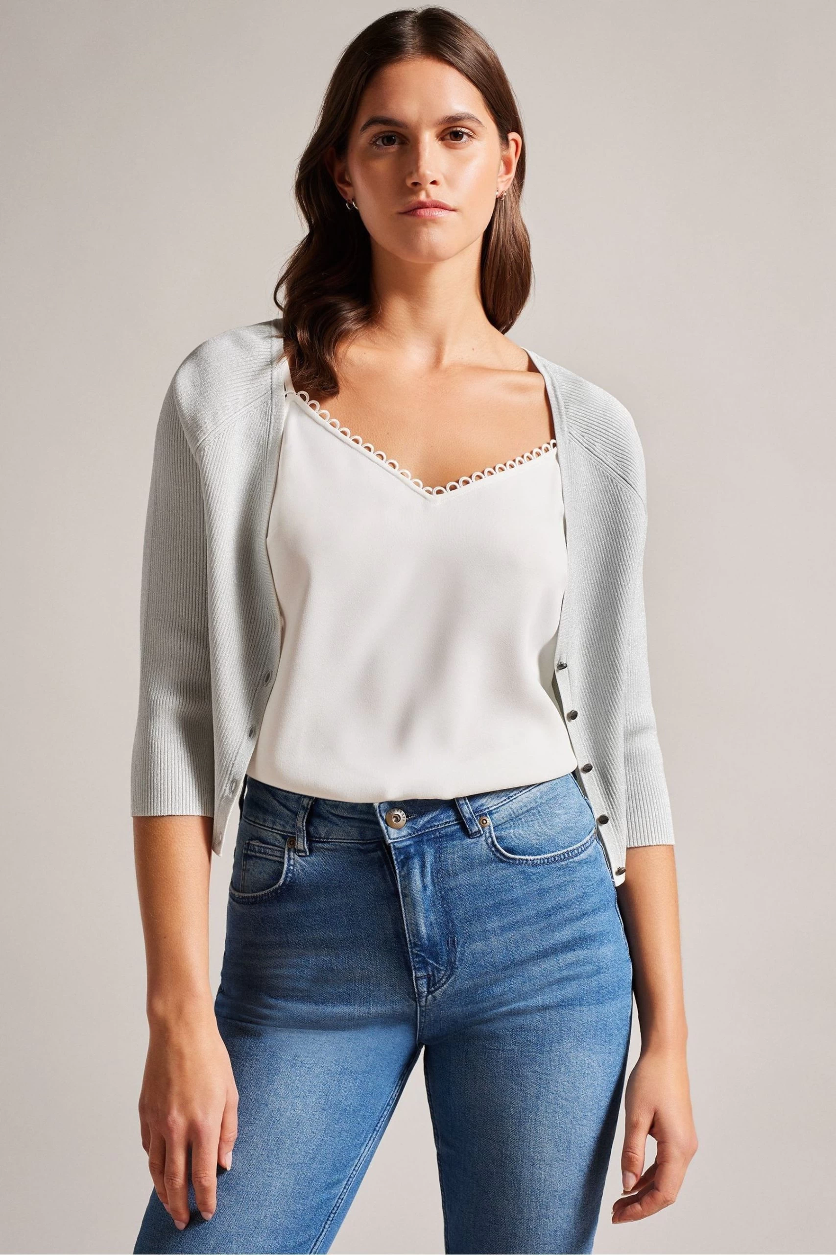 Ted Baker Loeesa White Metallic Cropped Cardigan 5 Ted Baker Loeesa White Metallic Cropped Cardigan - Image 3