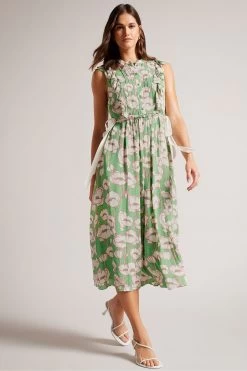 Ted Baker Green Tindraa Sleeveless Frilled Midi Dress