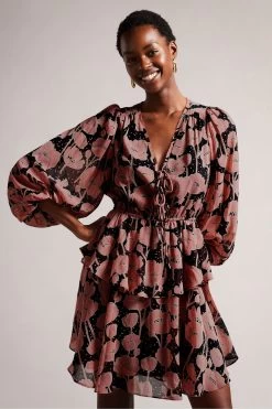 Ted Baker Priana Black V-Neck Printed Tie Front Mini Dress