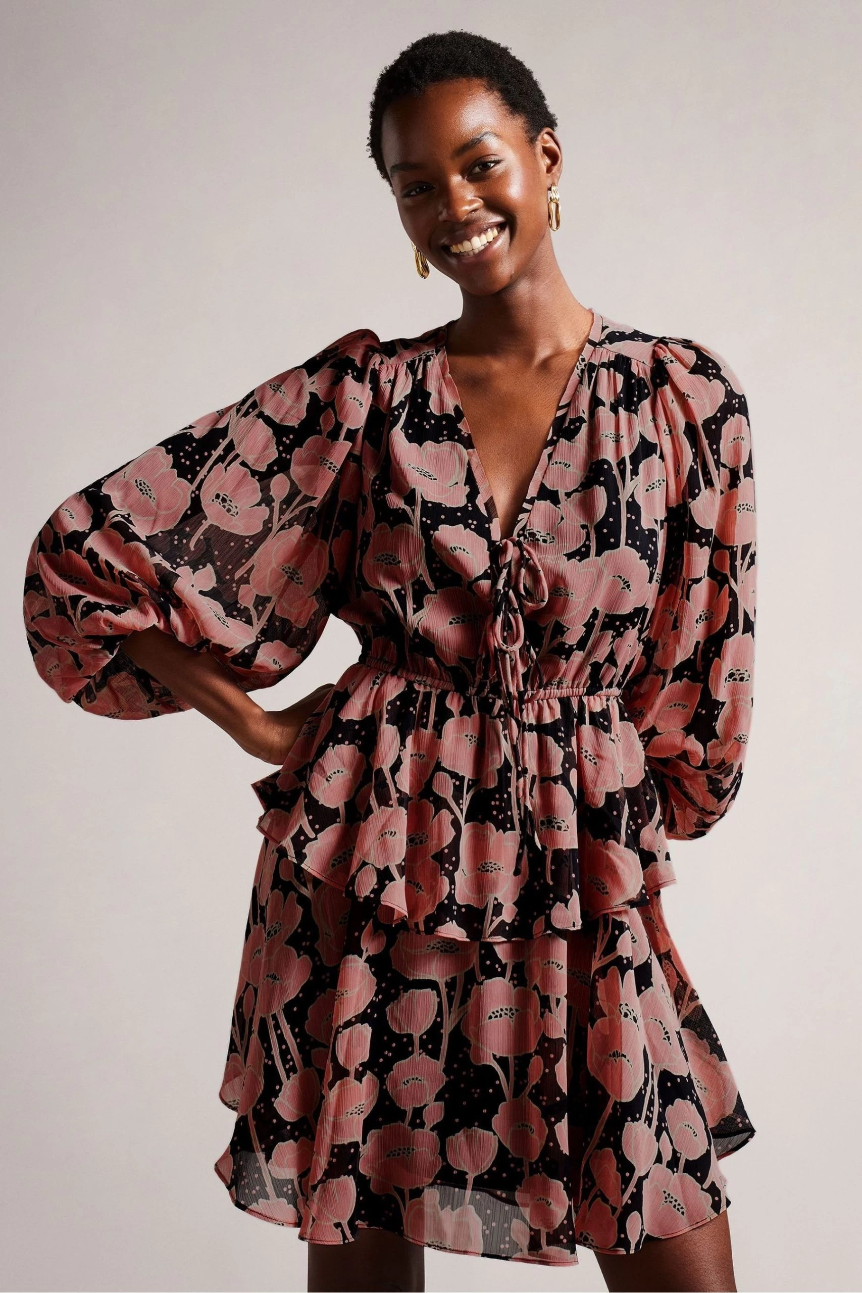 Ted Baker Priana Black V-Neck Printed Tie Front Mini Dress 3 Ted Baker Priana Black V-Neck Printed Tie Front Mini Dress